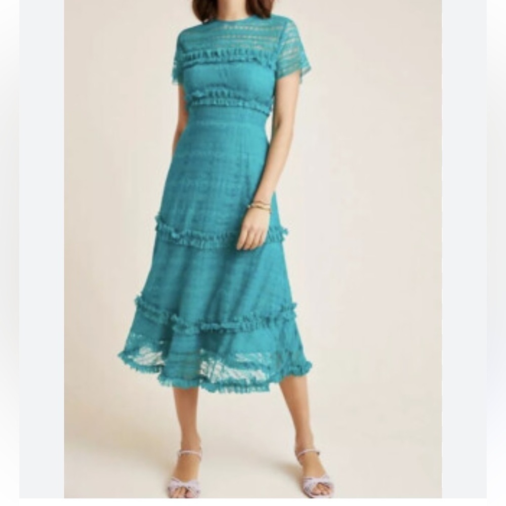 Anthropologie Vone Dashing Lace Midi Teal Green Short Sleeve Dress Size 10